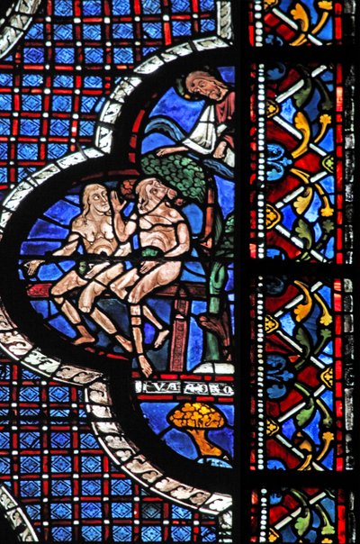 Het raam van de barmhartige Samaritaan: God roept Adam en Eva (met vijgenbladeren) door French School
