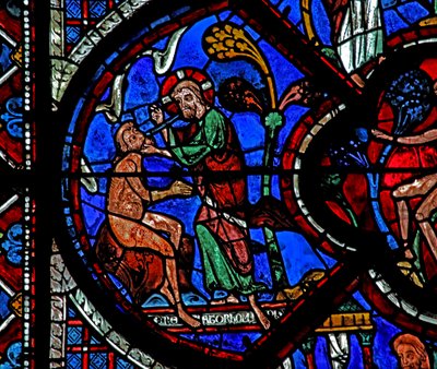 Het raam van de barmhartige Samaritaan: God schept Adam door French School