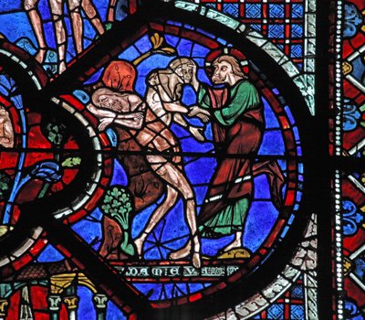 Het raam van de barmhartige Samaritaan: God schept vrouw uit de rib van de slapende Adam door French School