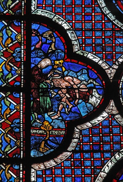 Het raam van de barmhartige Samaritaan: een Samaritaan verbindt zijn wonden door French School