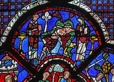 Het raam van de barmhartige Samaritaan: een priester en Levi gaan voorbij door French School