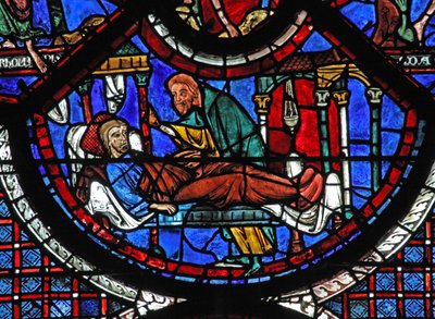Het raam van de barmhartige Samaritaan: de Samaritaan verzorgt de gewonde man door French School