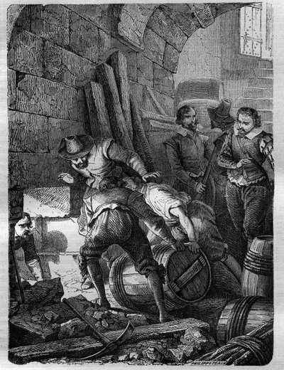 Het Buskruitverraad: Samenzwering van katholieken om koning James I, zijn familie en een deel van de aristocratie te vermoorden door het Palace of Westminster (Londen) op te blazen tijdens de openingsceremonie van het parlement op 5 november 1605. Gravure  door French School