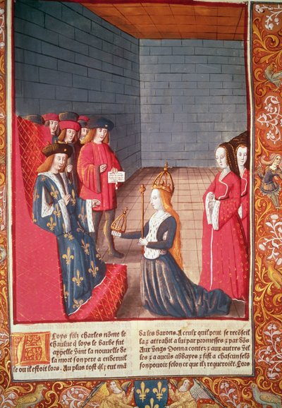 De Heilige Roomse Keizerin Richilde van Provence in Compiegne presenteert aan Lodewijk de Stamelaar de kroon en scepter die toebehoorden aan zijn vader Karel II 