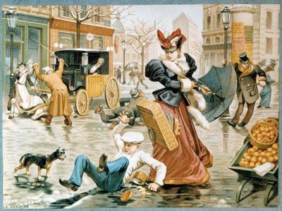 Het ijs tafereel in Parijs tijdens de winter, een klerk glijdt op de vloerplank vanwege het ijs, evenals een paard dat een koets trekt, 20e eeuw (chromolithografie) door French School