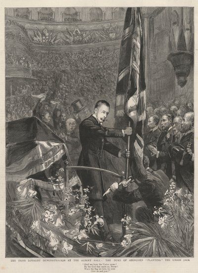 De Ierse loyalistische demonstratie in de Albert Hall, Londen, 1893: de hertog van Abercorn (James Hamilton) plant de Union Jack. door French School