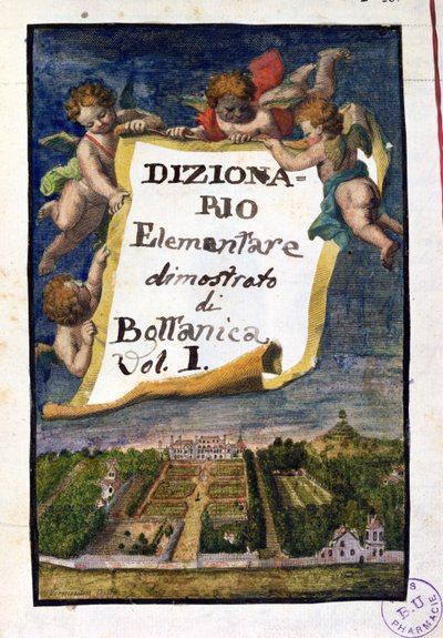 De Jardin des Plantes in Parijs, frontispice uit Dizionario Elementare dimostrato di Bottanica, volume I Istitutiones Rei Herbariae, door Joseph Pitton de Tournefort (1656-1708), gepubliceerd in Parijs door French School