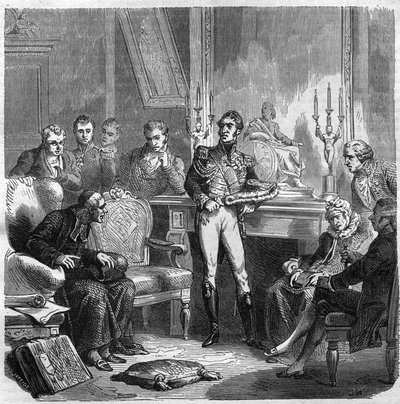De Jezuïeten aan het Hof van Karel X (1757-1836) Koning van Frankrijk. Gravure in 