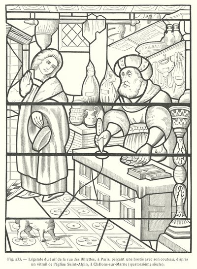 De Jood van de Rue des Billettes, Parijs, ontwijdt de hostie door deze met zijn mes te doorboren, naar een 14e-eeuws glas-in-loodraam in de kerk van Saint-Alpin, Chalons-sur-Marne, Frankrijk door French School