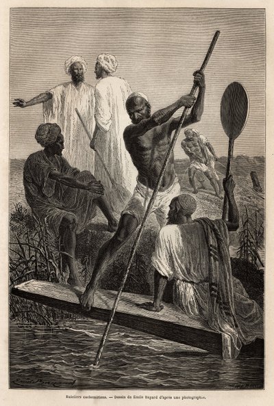 De Kasjmierse schippers, in de buurt van Srinagar (Shrinagar), aan het werk door French School