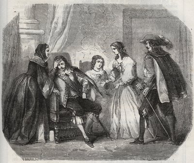 De koning van Frankrijk Lodewijk XIII (1601-1643) wordt getroffen door migraine wanneer hij spreekt met koningin Anna van Oostenrijk (1601-1666). Gravure uit 1871 in 