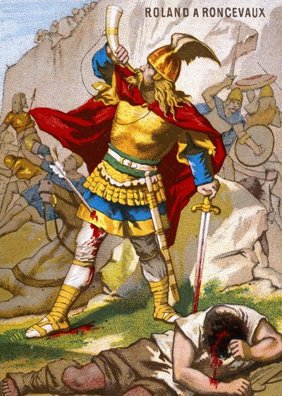 De ridder Roland bij Roncesvalles blaast op de olijf. Roland, die de achterhoede van het leger van Karel de Grote leidde, werd op 15 augustus 778 verrast door de Vascons. Hij blies toen op zijn hoorn, te laat voor de koning om hem te helpen. Chromolithogra door French School