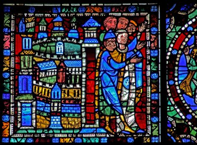 Het Leven van Christus-raam: Vlucht naar Egypte - de inwoners van Jeruzalem verwelkomen de terugkeer door French School
