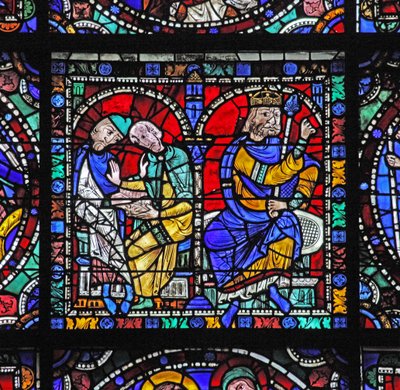 Het leven van Christus raam: Herodes raadpleegt zijn waarzeggers door French School