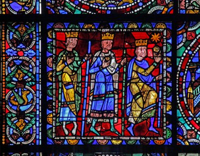 Het leven van Christus raam: De aanbidding van de wijzen (met het volgende paneel) door French School