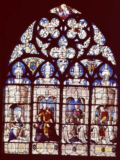 De Madonna en Kind met St. Johannes de Doper, St. Petrus die Pierre Tullier, de burgemeester van Bourges, en zijn vrouw aan de Maagd presenteert, St. Johannes die Jean, Francois en Pierre Tullier presenteert, stichter van... door French School