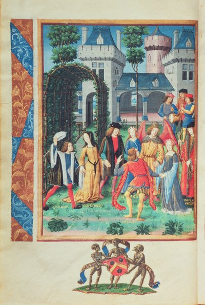 De magische tuin, met allegorische figuren van Hoffelijkheid, Liefde, Schoonheid en Vrijgevigheid, uit de Roman de la Rose door French School