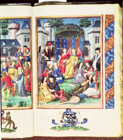 De magische tuin, met allegorische figuren van Rijkdom, Hoffelijkheid, Vrijgevigheid, Schoonheid, Liefde, Oprechtheid en Jeugd, uit de Roman de la Rose door French School