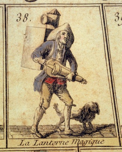 De Toverlantaarn Apparatuur gebruikt voor lichtprojecties. Detail van een ganzenbordspel van de kreten en oude beroepen van Parijs. 18e eeuw Privécollectie door French School