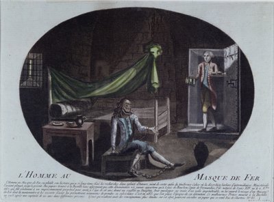 De man met het ijzeren masker (d.1703) gevangen in de Bastille, prent van 1789-90 die hem identificeert als Louis de Bourbon, graaf van Vermandois, zoon van Lodewijk XIV (1638-1715) en Louise de la Valliere door French School