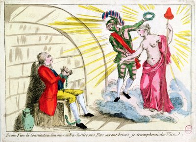 De man met het ijzeren masker bevrijd door de revolutie, allegorische voorstelling van de Franse grondwet door French School