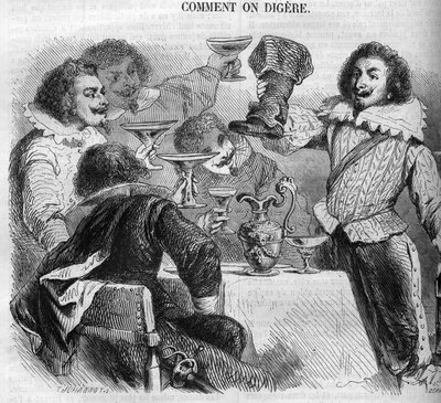 De markies Francois de Bassompierre (1579-1646) (maarschalk de Bassompierre) drinkend uit zijn ketelboot. Gravure uit 1852. door French School