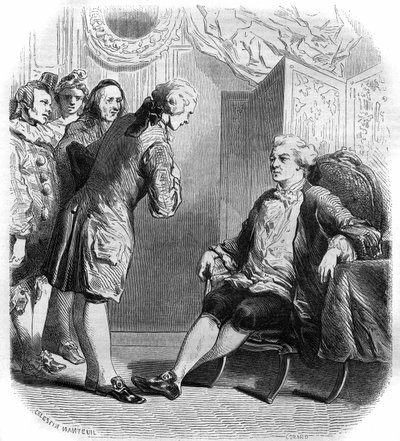 De markies de Puysieulx ontvangt Philippe Nericault Destouches (1680-1754) en zijn groep rondtrekkende komedianten. Gravure uit 1858-1859 door French School