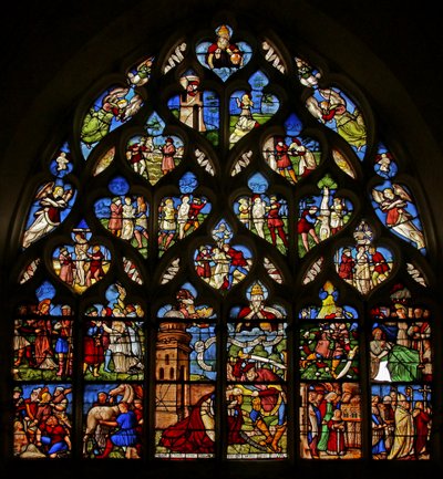 Het Martelaarschap van Sint-Barbara met scènes uit haar leven boven in de traceringlichten door French School