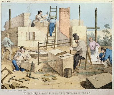 De metselaar, de steenhouwer en de steenzager, ca. 1860 door French School