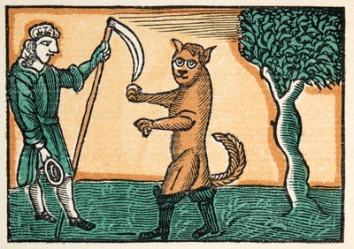 De gelaarsde kat uit Histories or Tales of Past Times verteld door Moeder de Gans, met moraal, door M Perrault, pub. 1925 (handgekleurde houtsnede) door French School