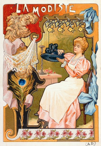 De Hoedenmaakster, uit een serie lithografieën die verschillende beroepen uitbeelden, 1899 door French School
