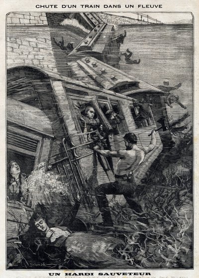 De New York Buffalo-trein valt in een rivier in de Verenigde Staten: een man probeert passagiers te redden die dreigen te verdrinken. In Le Peute Parisien op 7/11/1897 door French School