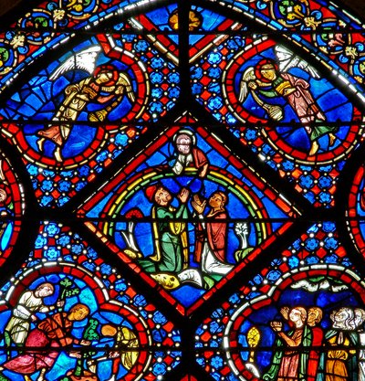 Het Noach-raam: God op een regenboog belooft het nooit meer te doen door French School