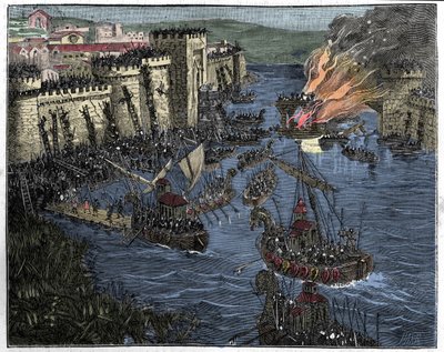 De Noormannen, geleid door Rollo, belegerden Parijs in 885, illustratie uit Frankrijk en de Fransen door de eeuwen heen, 1884 door French School