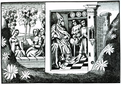 De oude man van de berg geeft bevelen aan zijn volgelingen, uit De reizen van Marco Polo, gekopieerd door Albert Coinchon van het originele manuscript door French School