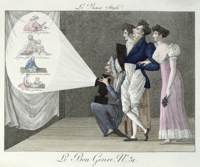 De Oude Stijl, kijkend naar een projectie van 18e-eeuwse beelden uit een toverlantaarnfilm, illustratie uit Le Bon Genre door French School
