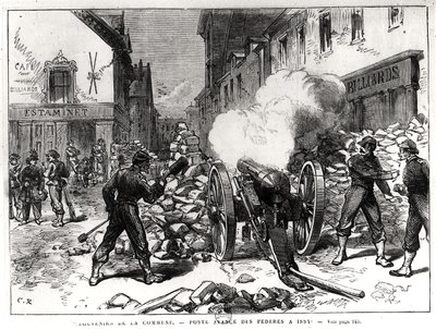 De Parijse Commune: Een barricade bij Issy, 2 mei 1871 (gravure) door French School
