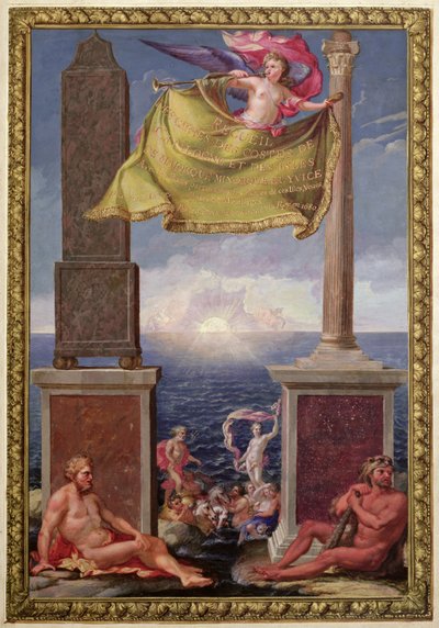 De Zuilen van Hercules, frontispice van een verzameling kaarten van Catalonië en de Balearen door Pene, 1680 door French School