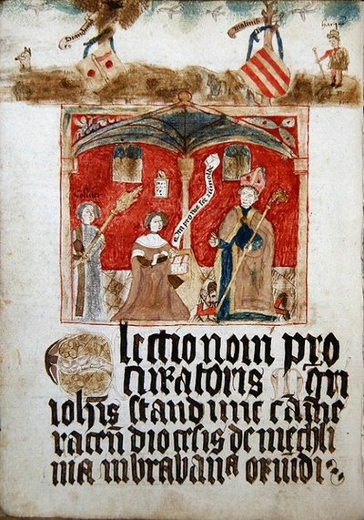 De Procureur van de Picardische Natie knielt voor Sint Rumoldus door French School