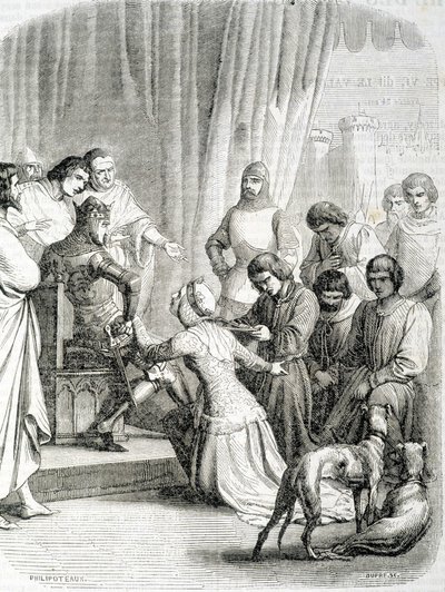 De Koningin van Engeland (Philippa van Henegouwen) vraagt genade aan haar man Edward III voor de inwoners van Calais (episode van de 6 burgers van Calais) door French School