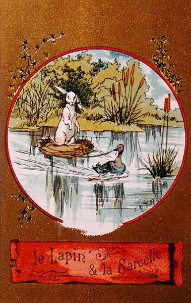 Het konijn en de taling, geïllustreerde kaart met de fabel van Jean de la Fontaine door French School