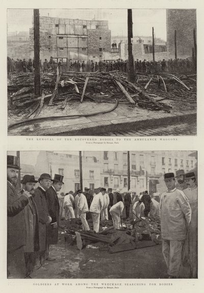 Het Verwijderen van de geborgen lichamen naar de Ambulancewagens, Soldaten aan het Werk tussen het Wrak op zoek naar lichamen (gravure) door French School