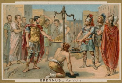 De Romeinen proberen hun redding te kopen van de Gallische leider Brennus, 4e eeuw v.Chr. door French School