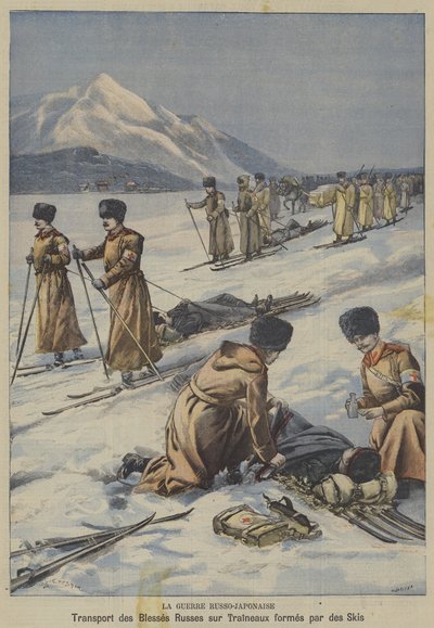 De Russisch-Japanse Oorlog: gewonde Russische soldaten vervoeren op sleeën gemaakt van ski