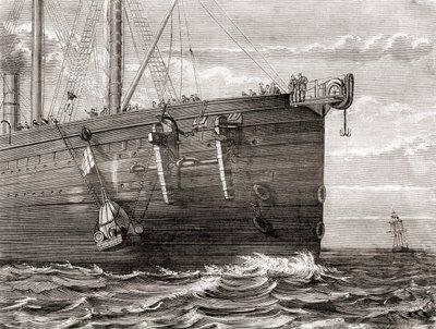 De S.S. Great Eastern lanceert een boei in zee om de plek van een verloren trans-Atlantische telegraafkabel te markeren door French School