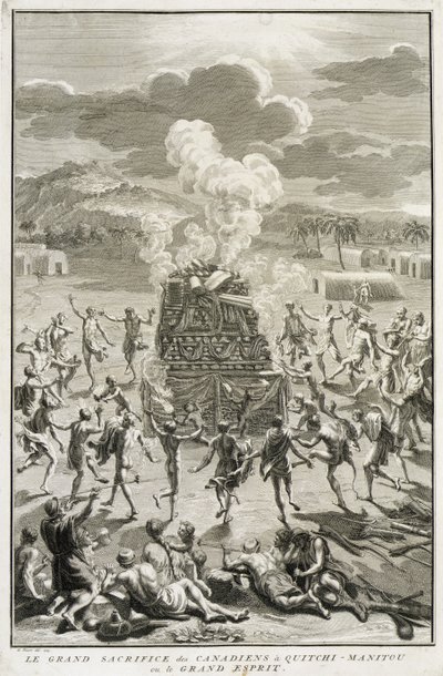 Het Offer aan Quitchi-Manitou, of De Grote Geest, door de Canadezen, illustratie uit Religieuze Ceremoniën en Gebruiken, gegraveerd door Bernard Picart (1673-1733) 1723 door French School