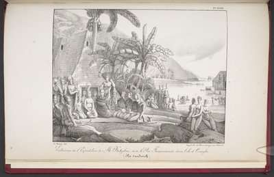 De Sandwich-eilanden, ontmoeting van de expeditie van de heer Koebruë met koning Tamméaméa op het eiland Ovayhi, uit 