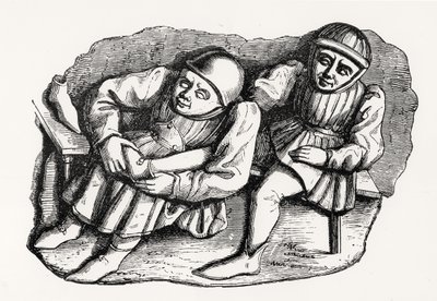 De schoenmaker en zijn klant, gekopieerd van een van de Misericordia-stoelen in het koor van de kathedraal van Rouen, illustratie uit Wetenschap en Literatuur in de Middeleeuwen en de Renaissance door French School