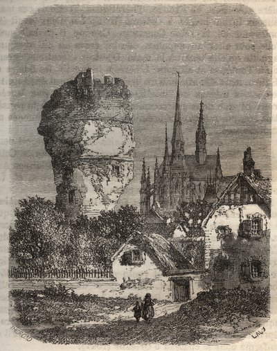 De schouder van Gallardon - feodale toren, daterend uit de 12e eeuw - gravure in 