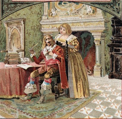 De heer van Beringhen en Madame du Fargis samenzweren tegen Richelieu (Armand Jean du Plessis, kardinaal van Richelieu (1585-1642), minister van Lodewijk XIII, in het kasteel van Azay-le-Rideau (Azay le Rideau) (Indre-et-Loire). Chromolithografie uit het e door French School